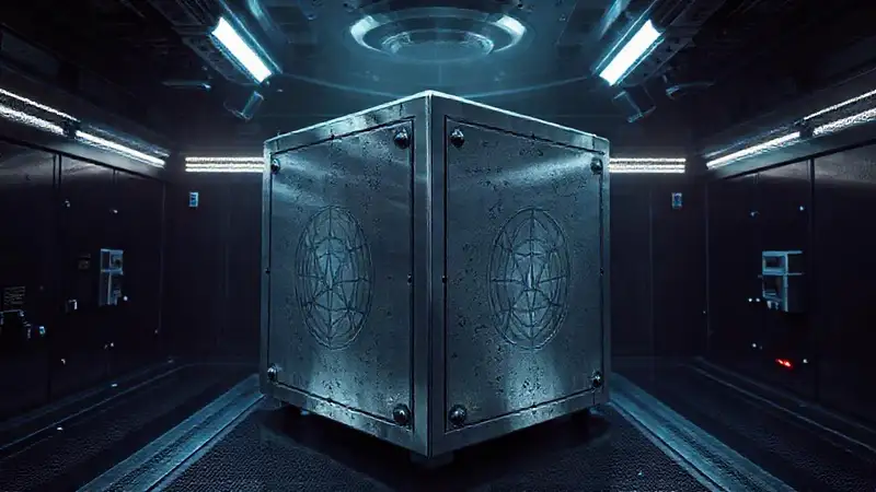 Cubo metálico misterioso en contención futurista