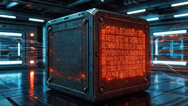 Artefacto metálico cúbico en laboratorio futurista