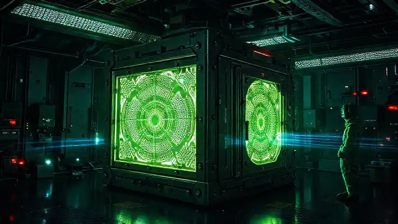 Cubo metálico brillante en cámara de seguridad