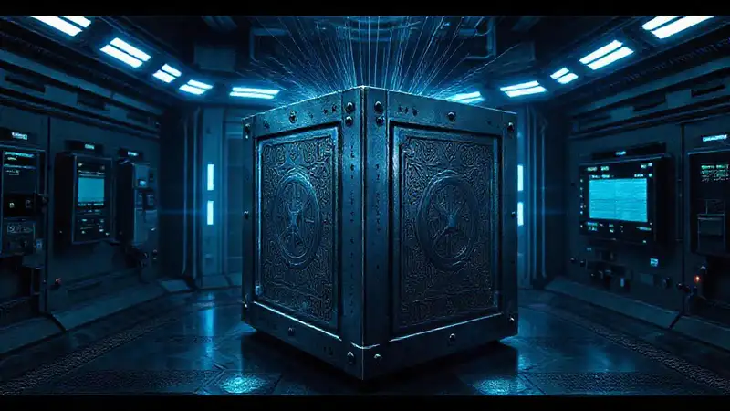 Cubo metálico con engranajes y campo brillante