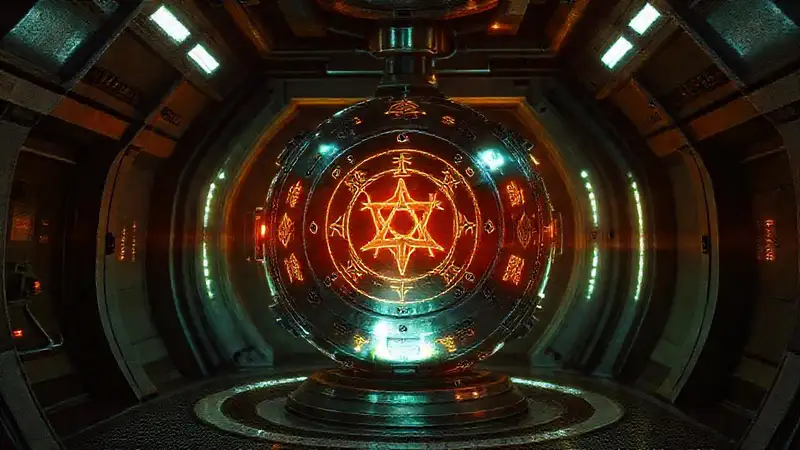 Esfera metálica misteriosa en laboratorio futurista