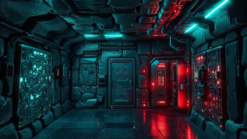 Bóveda futurista con seguridad y energía misteriosa
