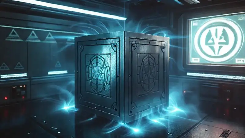 Cubo metálico brillante en entorno futurista peligroso