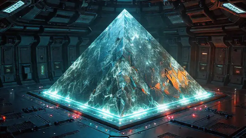 Piramide metálica protectora con energía brillante