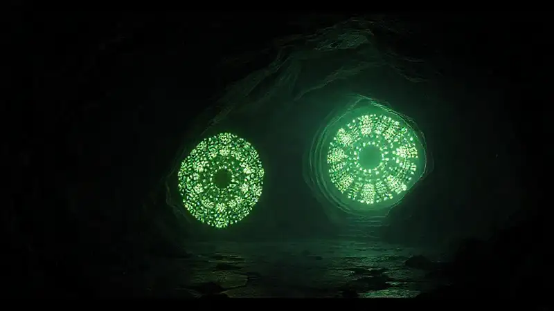 Cueva oscura con objeto fractal misterioso