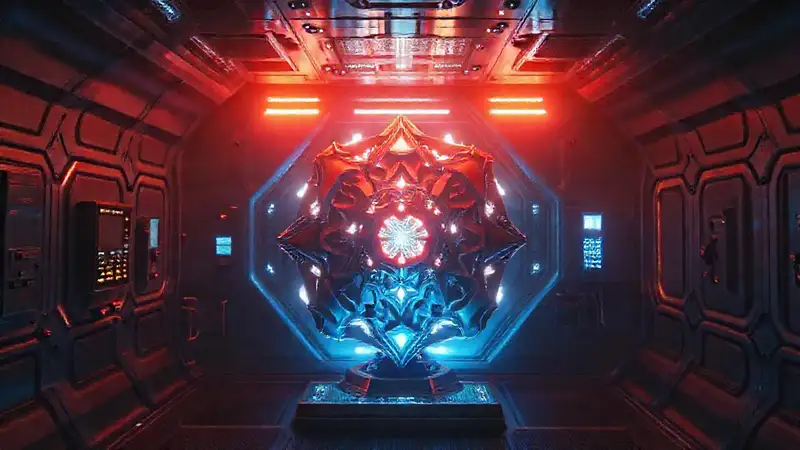Cámara futurista con objeto misterioso y seguridad