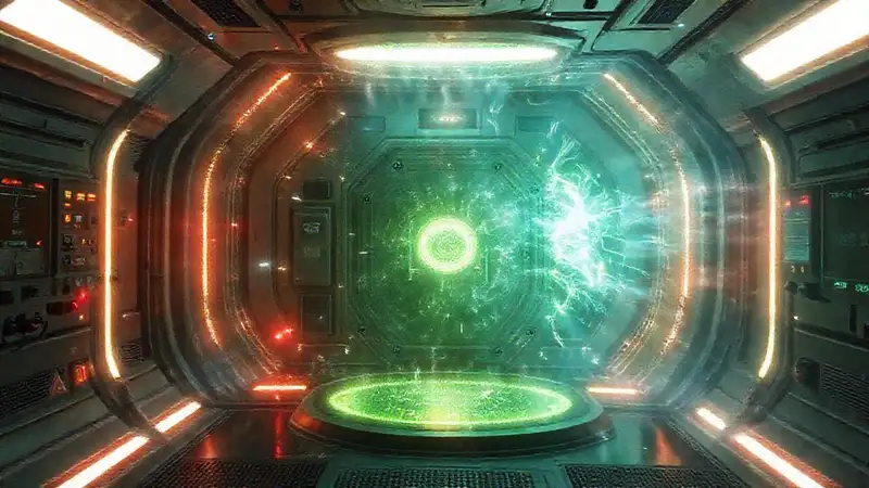 Cámara futurista con energía misteriosa y cautela
