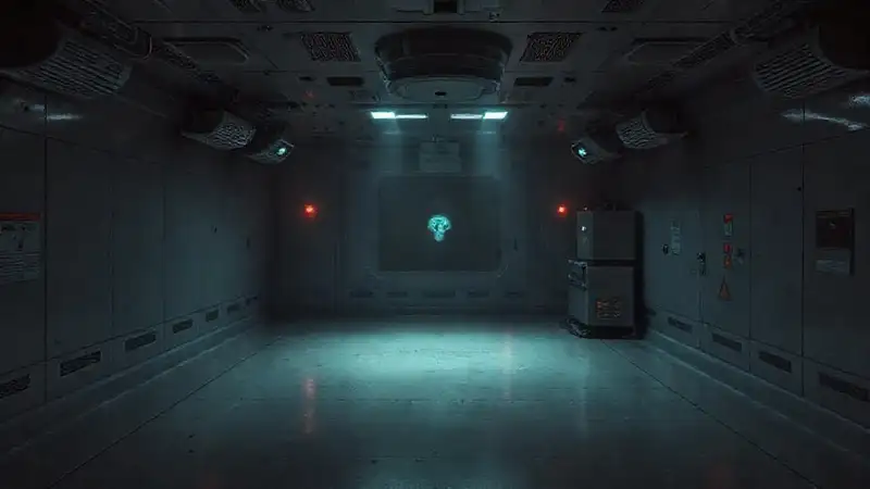Sala segura con sensores y ambiente misterioso