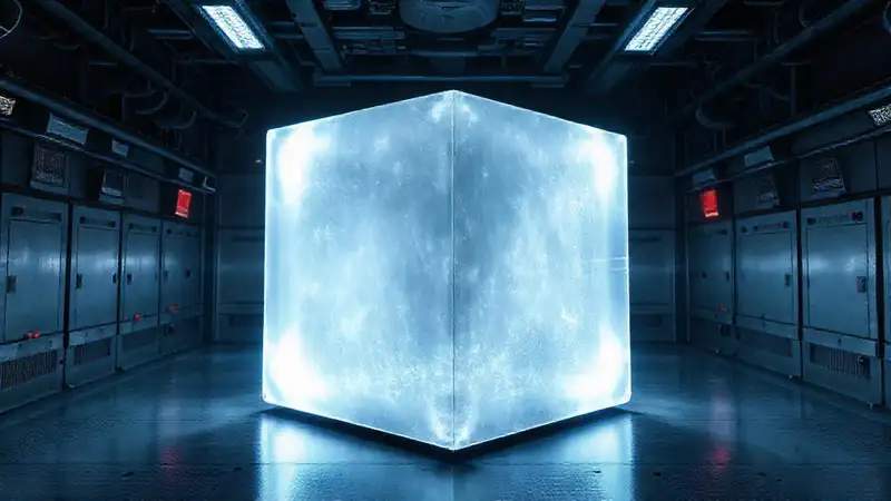 Cubóide translúcido con luz e interferencias electromagnéticas