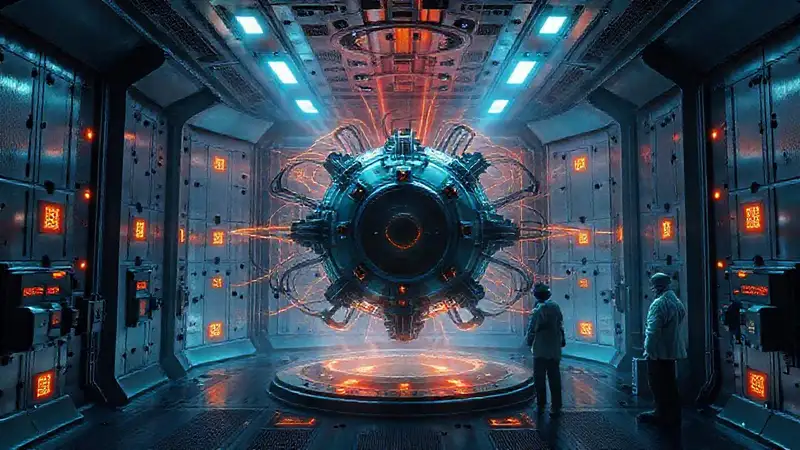 Laboratorio futurista con estructura electromagnética misteriosa