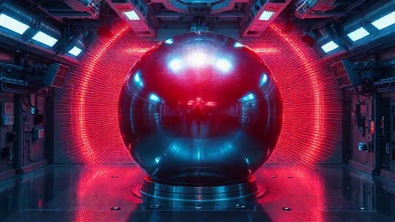 Esfera metálica misteriosa en entorno de alta tecnología