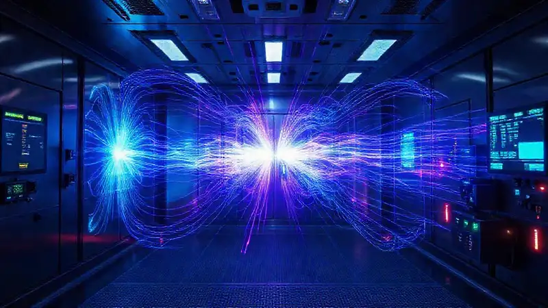 Visualización de campo electromagnético en sala futurista