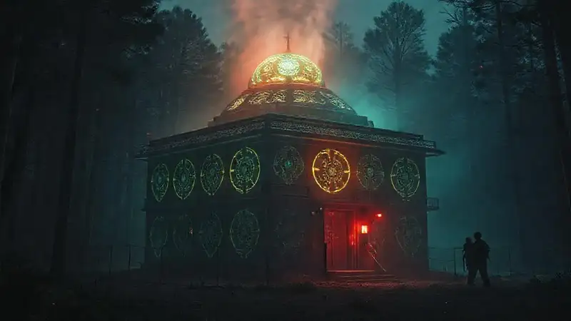 Estructura misteriosa en bosque con energía psíquica