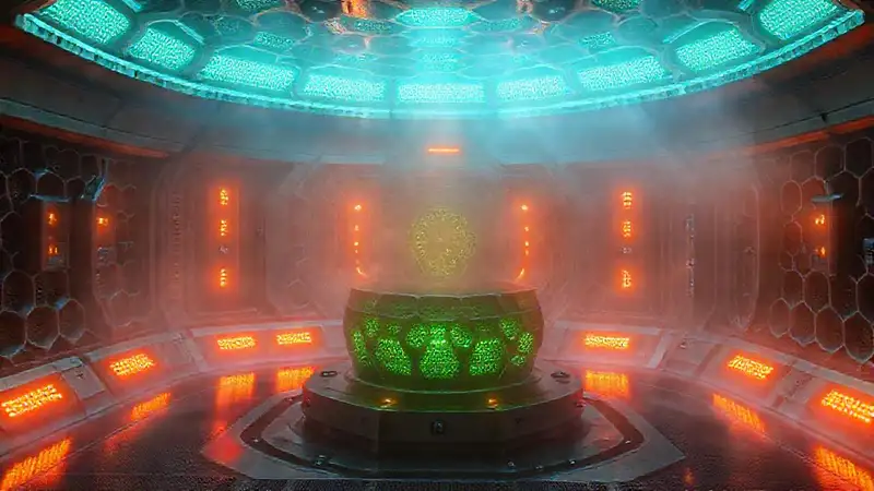 Cuarto de contención futurista con luces naranja
