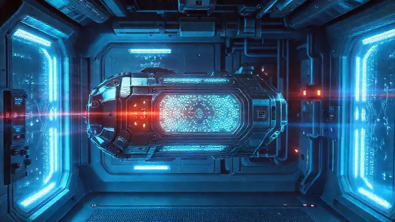 Dispositivo futurista brillante en cámara de contención
