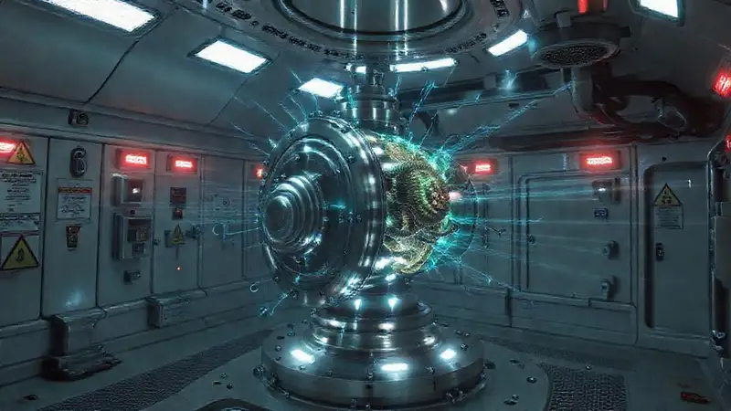 Objeto metálico en cámara de investigación futurista