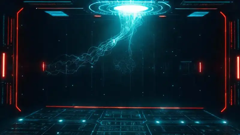 Interfaz digital misteriosa en entorno de alta tecnología