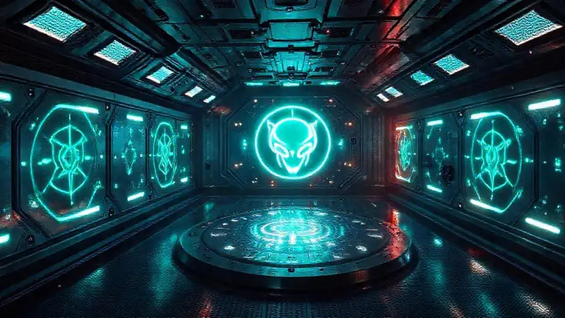 Habitación futurista con símbolos y energía misteriosa