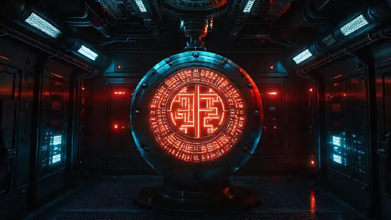 Estructura metálica misteriosa en sala futurista