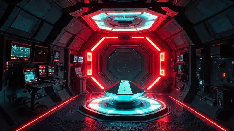 Cámara futurista con objeto metálico y aura