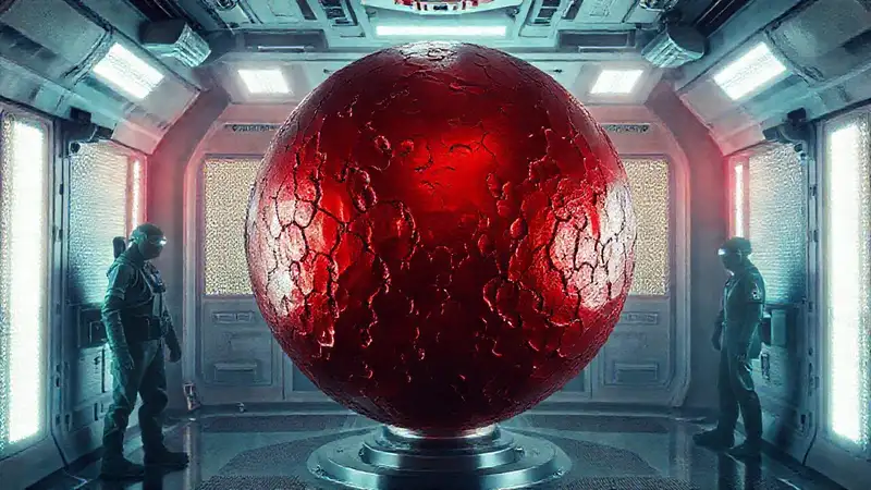 Esfera metálica irregular en laboratorio futurista