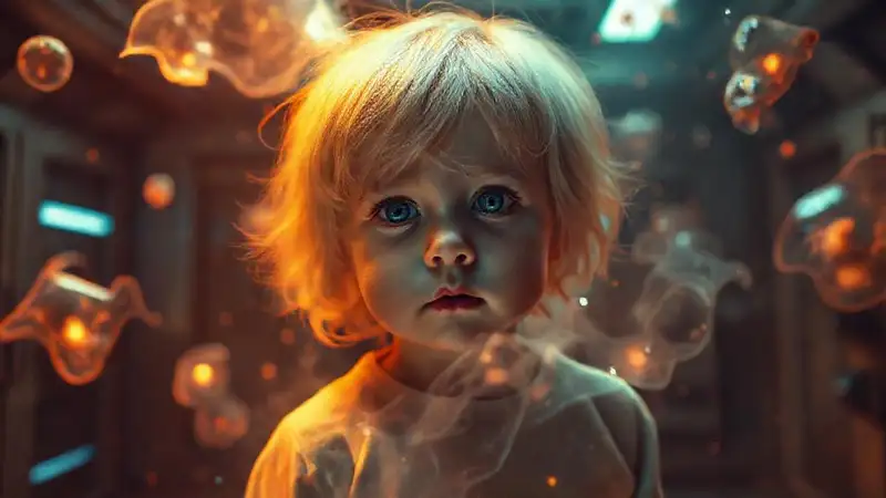 Niño con energía en ambiente futurista inquietante