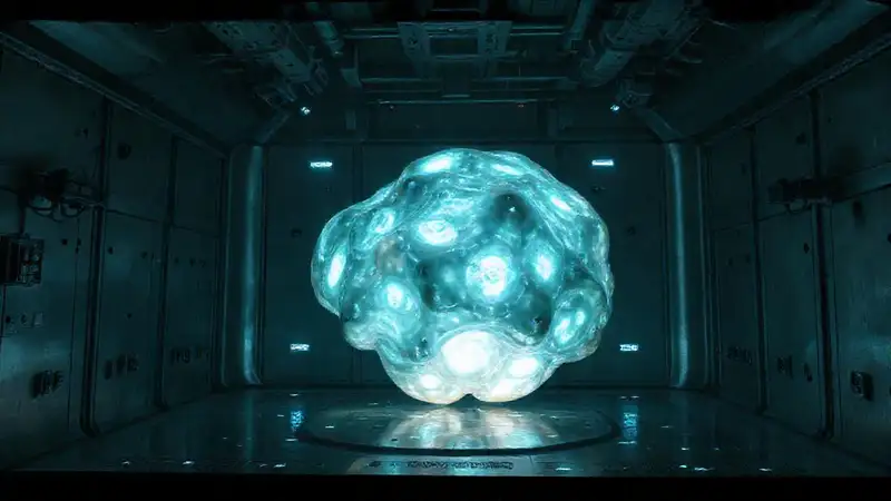 Objeto bioluminiscente en cámara científica futurista