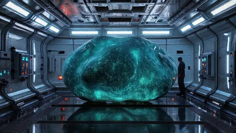 Objeto bioluminiscente en cámara futurista segura