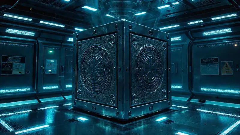 Cubo metálico misterioso en cámara de contención