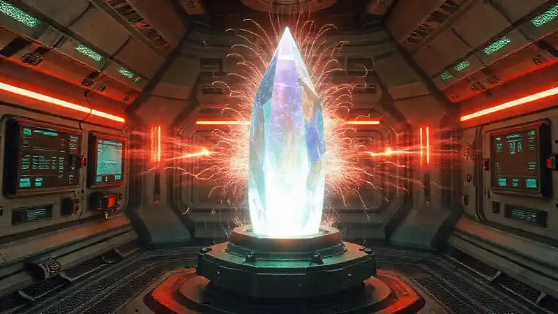Cristal iridiscente en cámara futurista