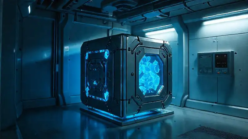 Cubículo metálico misterioso con fragmentos azules