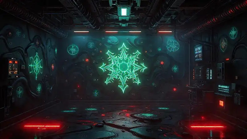 Laboratorio futurista con símbolos brillantes y misteriosos