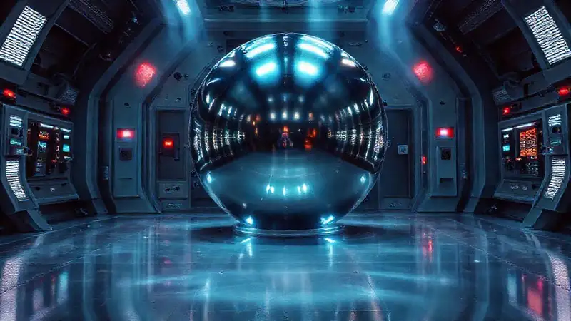 Esfera metálica brillante en cámara de alta tecnología