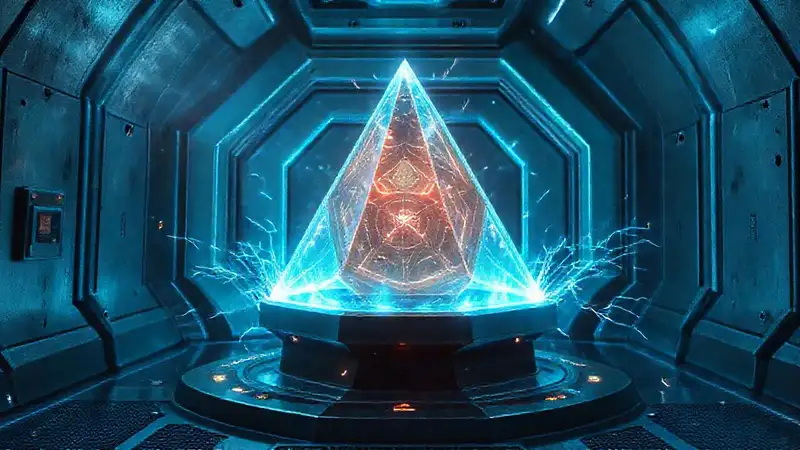 Objeto prismático de energía en contención futurista