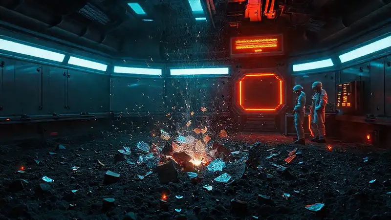 Fragmentos metálicos misteriosos en entorno futurista