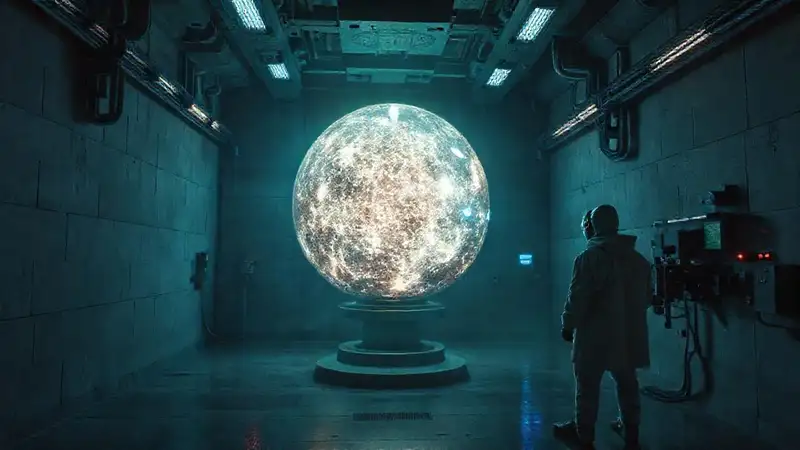 Esfera luminosa en contención futurista y segura