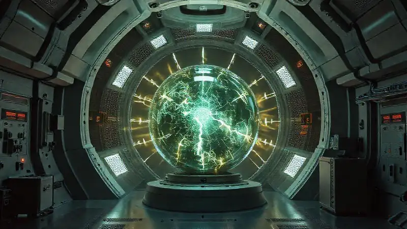 Esfera de energía en cámara de contención futurista