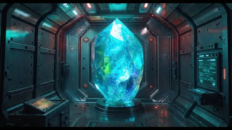 Cristal misterioso en cámara futurista de alta tecnología