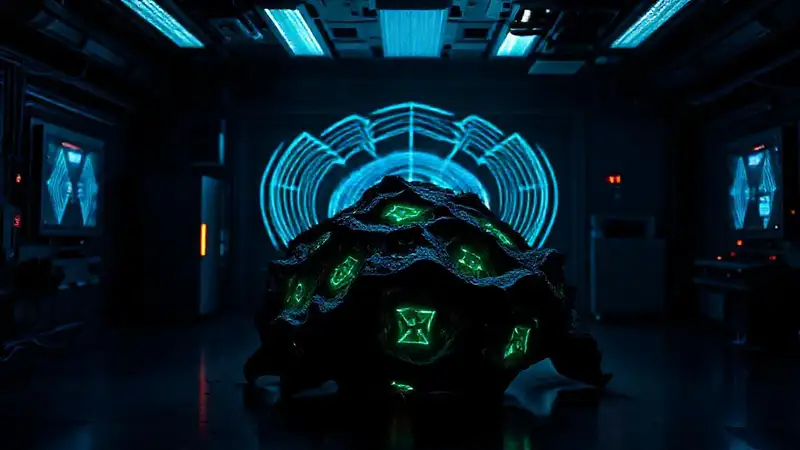 Estructura oscura y luminosa en laboratorio futurista
