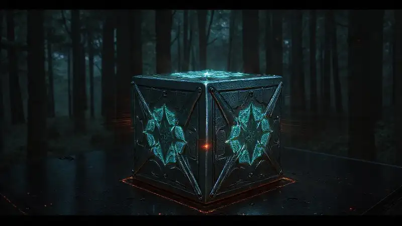 Cubículo metálico en entorno futurista y misterioso