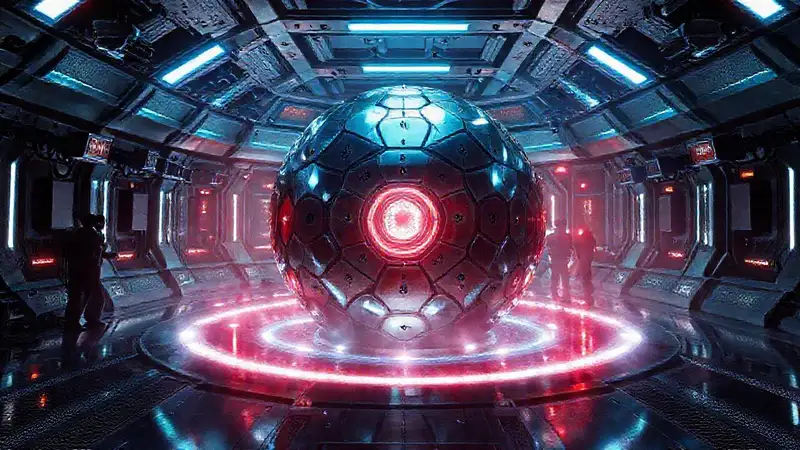 Esfera metálica en laboratorio futurista seguro