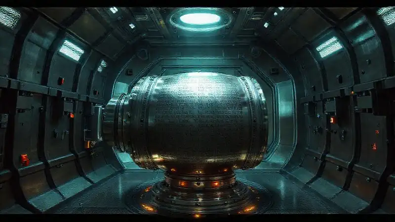 Cápsula metálica misteriosa en laboratorio futurista