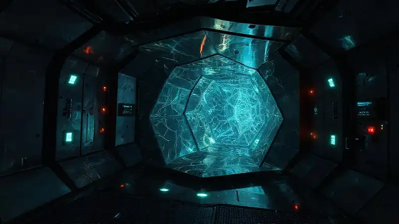 Estructura futurista con seguridad y distorsión espacial