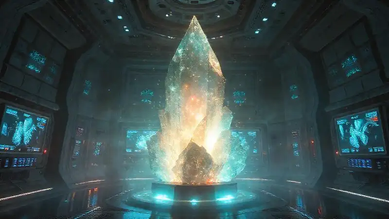 Estructura cristalina misteriosa en cámara futurista