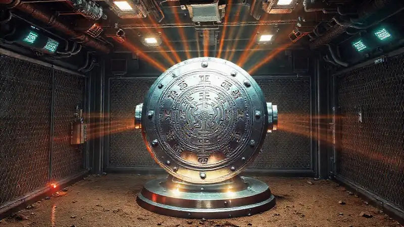 Artefacto metálico seguro en entorno futurista