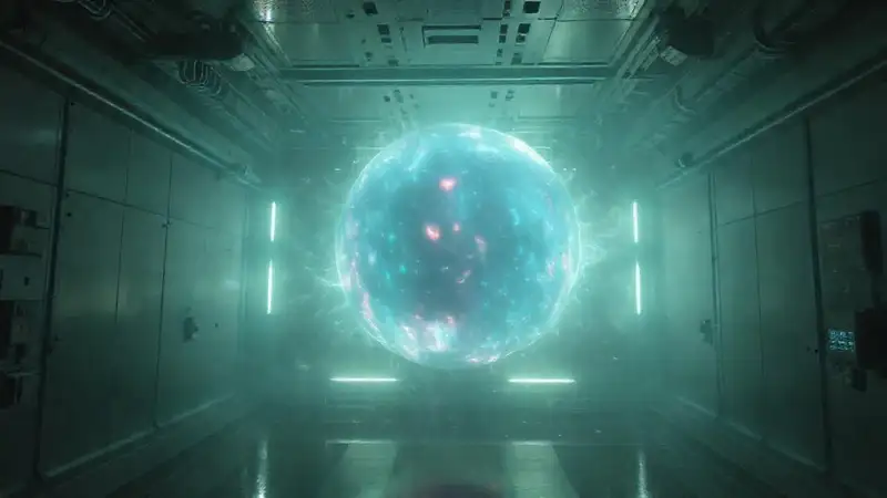 Masa de energía iridiscente en laboratorio futurista