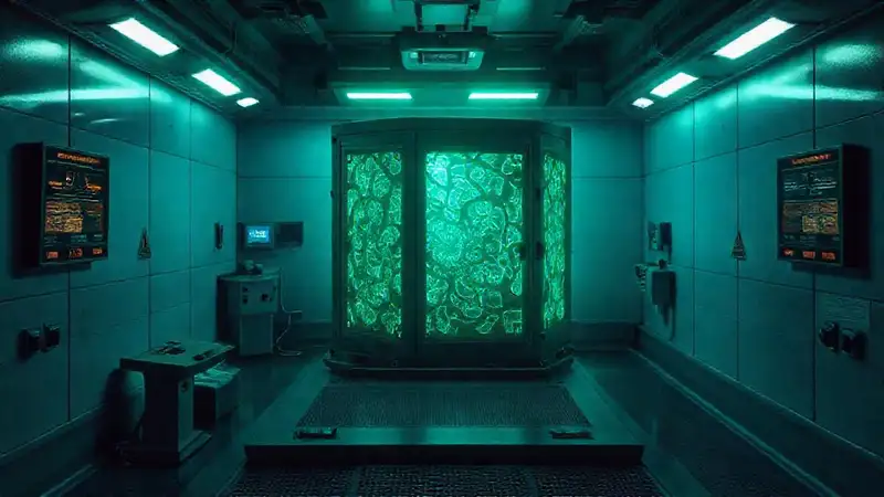 Sala de contención con cubo misterioso y peligroso