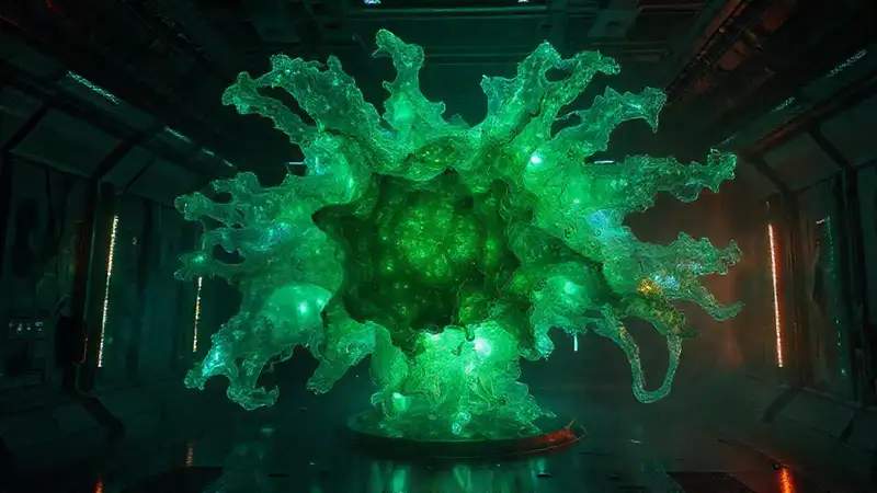Estructura bioluminiscente en entorno futurista misterioso