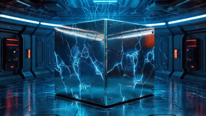 Cubo metálico, reflejos, grietas y tecnología