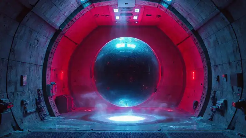 Esfera misteriosa en contenedor seguro y futurista